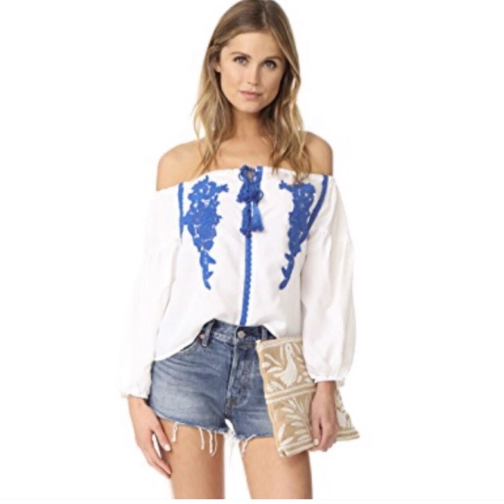 New Women's Anthropologie Boho Embroidered Off-Shoulder White & Blue Top Small